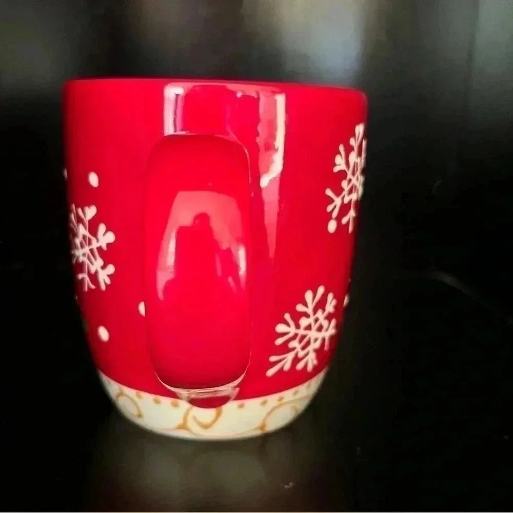Pier 1 Imports Christmas Tree Snowflakes Red Large Coffee Mug Handpainted